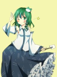  1girl ;p detached_sleeves green_eyes green_hair hair_ornament kochiya_sanae solo tongue touhou wink 