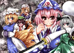  animal_ears blonde_hair blue_eyes blush brown_eyes cat_ears cat_tail chen dress fan fang folding_fan fox_tail ghost hairband hat hitodama izumi_yuuji_(trace_kouhosei) japanese_clothes katana konpaku_youmu konpaku_youmu_(ghost) long_hair multiple_girls multiple_tails myon pink_hair ribbon saigyouji_yuyuko scabbard sheath short_hair silver_hair skirt smile sword tail touhou triangular_headpiece vest weapon white_hair yakumo_ran yakumo_yukari 
