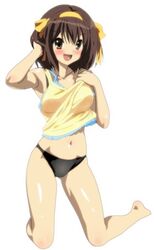  bikini blush brown_eyes brown_hair camisole hair_ribbon hairband kneeling midriff momoiro_tanuki navel ribbon short_hair smile solo suzumiya_haruhi suzumiya_haruhi_no_yuuutsu swimsuit 