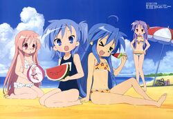  4girls :o absurdres beach bikini blue_hair clouds crossover feet glasses green_eyes hands_on_hips highres hiiragi_kagami izumi_konata kneeling legs long_hair lucky_star megami miyakawa-ke_no_kuufuku miyakawa_hikage miyakawa_hinata mole multiple_girls ocean official_art open_mouth parasol pink_hair purple_hair red_eyes school_swimsuit short_hair siblings sisters sky swimsuit twintails umbrella water wink 