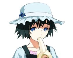  blue_eyes cait eating food fruit green_hair hat holding holding_fruit shiina_mayuri short_hair simple_background solo steins;gate 