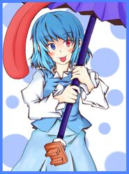  1girl :p blue_eyes blue_hair blush heterochromia highres karakasa_obake kuroi-neko long_sleeves polka_dot polka_dot_background red_eyes short_hair skirt smile solo tatara_kogasa tongue touhou umbrella 