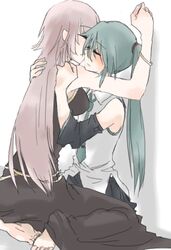  2girls aqua_hair barefoot blush bracelet closed_eyes detached_sleeves hatsune_miku hug jewelry kabidango long_hair megurine_luka multiple_girls pink_hair twintails vocaloid yuri 