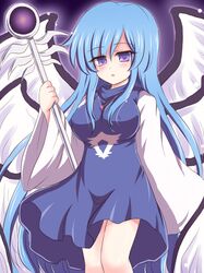  angel blue_dress blue_hair breasts dress jewelry long_hair necklace purple_eyes ry sariel solo staff touhou violet_eyes wings 