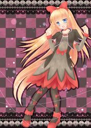  1girl bat_print black_legwear blonde_hair blue_eyes bow choker cropped_jacket dokidoki!_precure dress hair_bow hair_ornament hair_ribbon heart hiria753 long_hair no_nose open_mouth pantyhose precure print_legwear red_eyes regina_(dokidoki!_precure) ribbon shoes solo 