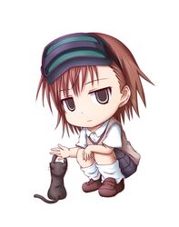  1girl brown_eyes brown_hair cat chibi empty_eyes head_mounted_display highres kuena misaka_imouto school_uniform short_hair solo to_aru_kagaku_no_railgun to_aru_majutsu_no_index 