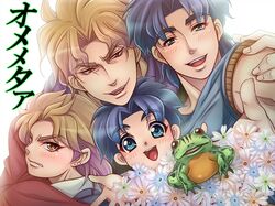  4boys adult benmaru_image blonde_hair blue_eyes blue_hair bouquet child dio_brando dual_persona flower frog jojo_no_kimyou_na_bouken jonathan_joestar multiple_boys red_eyes young 