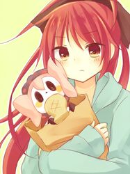  bag charlotte_(madoka_magica) food long_hair mahou_shoujo_madoka_magica paper_bag ponytail red_eyes red_hair redhead sakura_kyouko taiyaki wagashi 
