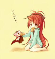  casual charlotte_(madoka_magica) fang food mahou_shoujo_madoka_magica mouth_hold ponytail red_eyes red_hair redhead sakura_kyouko shorts sitting taiyaki translated wagashi wariza 