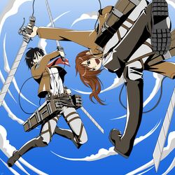  belt black_eyes black_hair boots brown_hair dual_wielding highres jacket mikasa_ackerman ponytail sasha_browse scarf shingeki_no_kyojin short_hair suzune sword thigh_strap weapon 