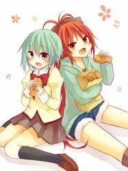  blue_hair casual food green_eyes long_hair mahou_shoujo_madoka_magica miki_sayaka ponytail red_eyes red_hair redhead sakura_kyouko school_uniform short_hair taiyaki wagashi 
