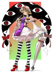 blonde_hair blue_eyes full_body gap hat high_heels highres parasol shoes solo striped striped_legwear tagaya6592 thighhighs touhou umbrella yakumo_yukari