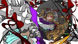  blonde_hair dress elbow_gloves foreshortening gap garters gloves hat long_hair parasol red_eyes smile solo tagaya6592 thigh-highs touhou umbrella yakumo_yukari 