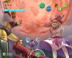  2girls blonde_hair drunk fake_screenshot hata_no_kokoro hisou_tensoku horns ibuki_suika long_hair majora's_mask mask moon multiple_girls ne polearm ribbon shiteitte spear tatsumoto the_legend_of_zelda touhou weapon yukkuri_shiteitte_ne 