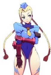  1girl ahoge beret blonde_hair blue_eyes braid breast_hold breasts cammy_white garrison_cap gloves hat leotard long_hair necktie ookami_maito scar solo street_fighter street_fighter_zero_3 thong_leotard twin_braids 