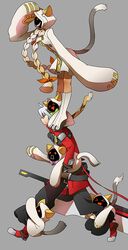  > < 1girl animal_ears blazblue blonde_hair boots braid cat_ears cat_hood cat_tail dark_skin gloves grin hakama hood hoodie hug hug_from_behind jacket japanese_clothes kaka_kittens leg_hug long_hair ragna_the_bloodedge red_eyes ribbon silver_hair smile sword tail taokaka twin_braids weapon 