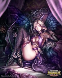  1girl anbe_yoshirou bare_shoulders bikini blonde_hair demon_horns demon_tail detached_sleeves horns long_hair looking_at_viewer original ragna_break smile solo swimsuit tail thigh-highs violet_eyes wings 