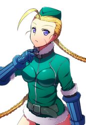  1girl ahoge alternate_costume belt beret blonde_hair blue_eyes braid cammy_white garrison_cap gloves hat leotard long_hair ookami_maito scar solo twin_braids winter_clothes 