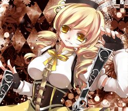  beret blonde_hair breasts corset detached_sleeves drill_hair fingerless_gloves gloves grin hair_ornament hat large_breasts magical_girl mahou_shoujo_madoka_magica pleated_skirt puffy_sleeves skirt smile solo tanemaki_shirura taut_shirt tomoe_mami yellow_eyes 