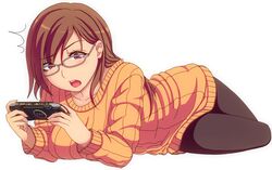  /\/\/\ 1girl black_legwear brown_eyes brown_hair glasses kisaragi_yakumo long_hair lying open_mouth original pantyhose playstation_portable ribbed_sweater simple_background solo sweater white_background 
