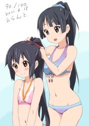  akiyama_mio alternate_hairstyle bikini black_hair blue_eyes blush breasts brown_eyes bush errant flat_chest hairdressing k-on! multiple_girls nakano_azusa navel payot ponytail smile swimsuit 