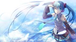  1920x1080 aqua_eyes aqua_hair bare_shoulders detached_sleeves hatsune_miku headset highres long_hair namaru_(summer_dandy) necktie ripples shading_eyes skirt solo thigh-highs thighhighs twintails very_long_hair vocaloid wallpaper water wink 