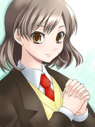  brown_hair hands_clasped necktie sasaki school_uniform short_hair suzumiya_haruhi_no_yuuutsu yaso_shigeru 