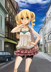  bare_shoulders bike_shorts blonde_hair bracelet casual drill_hair green_eyes hand_on_hip hips jewelry long_hair original pointy_ears polka_dot short_hair skirt smile solo suemitsu_dicca twin_drills 