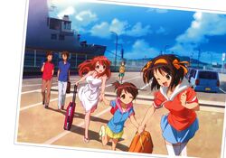  absurdres asahina_mikuru bag casual dragging dress highres koizumi_itsuki kyon kyon_no_imouto luggage nagato_yuki official_art open_mouth photo_(object) ship smile suzumiya_haruhi suzumiya_haruhi_no_yuuutsu wink 