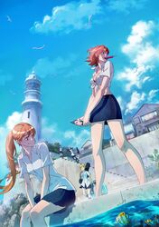  bird cloud clouds clownfish fish innertube lighthouse midriff mouth_hold orange_eyes orange_hair original oropi ponytail popsicle sitting skirt sky standing tied_shirt water 