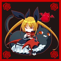  1girl bat black_background blazblue blonde_hair bow cup dress flower frills gii gothic_lolita hair_ribbon heel-less_shoes lolita_fashion long_hair nago rachel_alucard red_eyes ribbon rose sitting skirt smile teacup twintails 