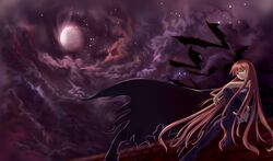  1920x1134 1girl bare_shoulders bat blonde_hair blue_eyes cape cloudy_sky evangeline_a_k_mcdowell fang flat_chest full_moon highres kawasumiya long_hair mahou_sensei_negima mahou_sensei_negima! moon night night_sky sitting sky solo stars thigh-highs thighhighs vampire very_long_hair 