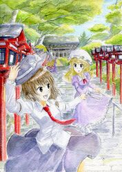  2girls ascot blonde_hair blue_eyes bow brown_eyes brown_hair colored_pencil_(medium) dress east_asian_architecture forest hand_holding hat highres holding holding_hands holding_hat lantern looking_back maribel_hearn mononofu7 multiple_girls nature necktie open_mouth ribbon running shirt shrine skirt touhou traditional_media tree usami_renko watercolor_(medium) yakumo_yukari 