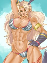  abs amazon_(dragon's_crown) amazon_(dragon's_crown) armlet armor axe bikini bikini_armor breasts circlet cleavage dragon's_crown dragon's_crown feathers gloves green_eyes hmisao large_breasts long_hair muscle solo swimsuit tattoo vanillaware weapon 