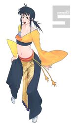  1girl alternate_costume black_hair character_name crop_top g-room_honten hakama japanese_clothes loincloth midriff navel pigeon-toed ponytail sandals sash small_breasts smile solo tabi umenokouji_aoi virtua_fighter virtua_fighter_5 wide_sleeves 