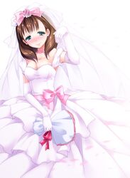  1girl blush bouquet bow breasts brown_hair cleavage collarbone dress earrings flower green_eyes heart idolmaster idolmaster_cinderella_girls jewelry mikami_sasara puffy_sleeves rose sakuma_mayu short_hair smile solo veil wedding_dress white_background 