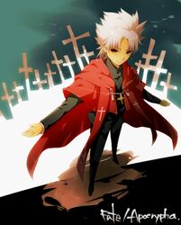  1boy brown_eyes cape cross cross_necklace dark_skin earrings fate/apocrypha fate_(series) jewelry kotomine_shirou perspective solo stole tamaki_(glass_bottle) white_hair 