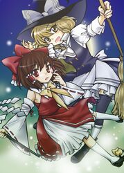  2girls absurdres blonde_hair bow braid brown_hair detached_sleeves hair_bow hair_tubes hakurei_reimu hat highres hirosemiho kirisame_marisa long_hair multiple_girls red_eyes ribbon short_hair smile touhou witch_hat yellow_eyes 