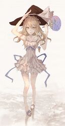  alternate_costume bad_id blonde_hair bow braid dress fan hair_bow hat kirisame_marisa makai_no_juumin paper_fan solo standing touhou uchiwa witch witch_hat 