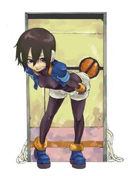  bent_over bodysuit breasts brown_eyes brown_hair capcom highres koto_(coto) rockman rockman_zx short_hair shorts solo undressing 
