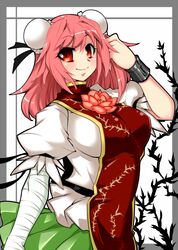  bandage bandages breasts bun_cover chain chains chinese_clothes cuffs double_bun flower highres ibara_kasen ibaraki_kasen large_breasts pink_eyes pink_hair short_hair smile solo tabard tajima_yuuki touhou 