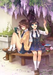  :d bag black_hair blue_eyes book brown_hair camera cardigan cellphone_strap feiwing flower glasses highres long_hair multiple_girls necktie open_mouth original reading red-framed_glasses school_uniform short_hair signature sitting sleeves_pushed_up sleeves_rolled_up smile tree wisteria yellow_eyes 