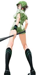  :q ass baseball_bat baseball_uniform belt black_legwear hat highres legs masaki_nonoka photokano shino_(comic_penguin_club) shorts socks sportswear sweat tongue 
