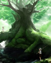  highres kajiji original polearm rope spear sunbeam sunlight tree treehouse water weapon when_you_see_it 