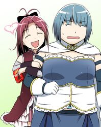  arm_grab blue_hair blush c_(neta) cosplay fat genshiken long_hair magical_girl mahou_shoujo_madoka_magica miki_sayaka miki_sayaka_(cosplay) multiple_girls pocky ponytail red_hair redhead sakura_kyouko sakura_kyouko_(cosplay) smile sweat thighhighs yajima_mirei yoshitake_rika 