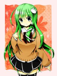  black_legwear blue_eyes blush frog green_hair hair_ornament kochiya_sanae long_hair school_uniform skirt smile snake solo sweater thigh-highs thighhighs titose_umihigu touhou 