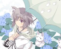  cat_ears cat_tail flower from_above grey_eyes grey_hair hoodie hydrangea original paw_print satomi shirt short_hair solo striped striped_shirt tail teruterubouzu umbrella 
