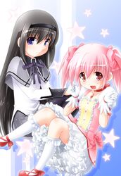  black_hair gloves kaname_madoka long_hair mahou_shoujo_madoka_magica pantyhose pink_hair purple_eyes red_eyes short_hair sumeragi_kou twintails violet_eyes 