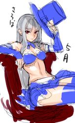 1girl alternate_costume bare_shoulders bikini_top blue_legwear breasts capcom_fighting_jam detached_collar detached_sleeves hat hat_tip ingrid kimuchi long_hair midnight_bliss midriff miniskirt navel red_eyes rough silver_hair sitting skirt solo thighhighs top_hat