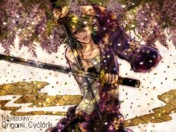  bare_shoulders blonde_hair dual_wielding flower ivan_karelin japanese_clothes japanse_clothes katana male purple_eyes sarashi seigaiha solo sword tiger_&amp;_bunny tsubakiya violet_eyes weapon wisteria 